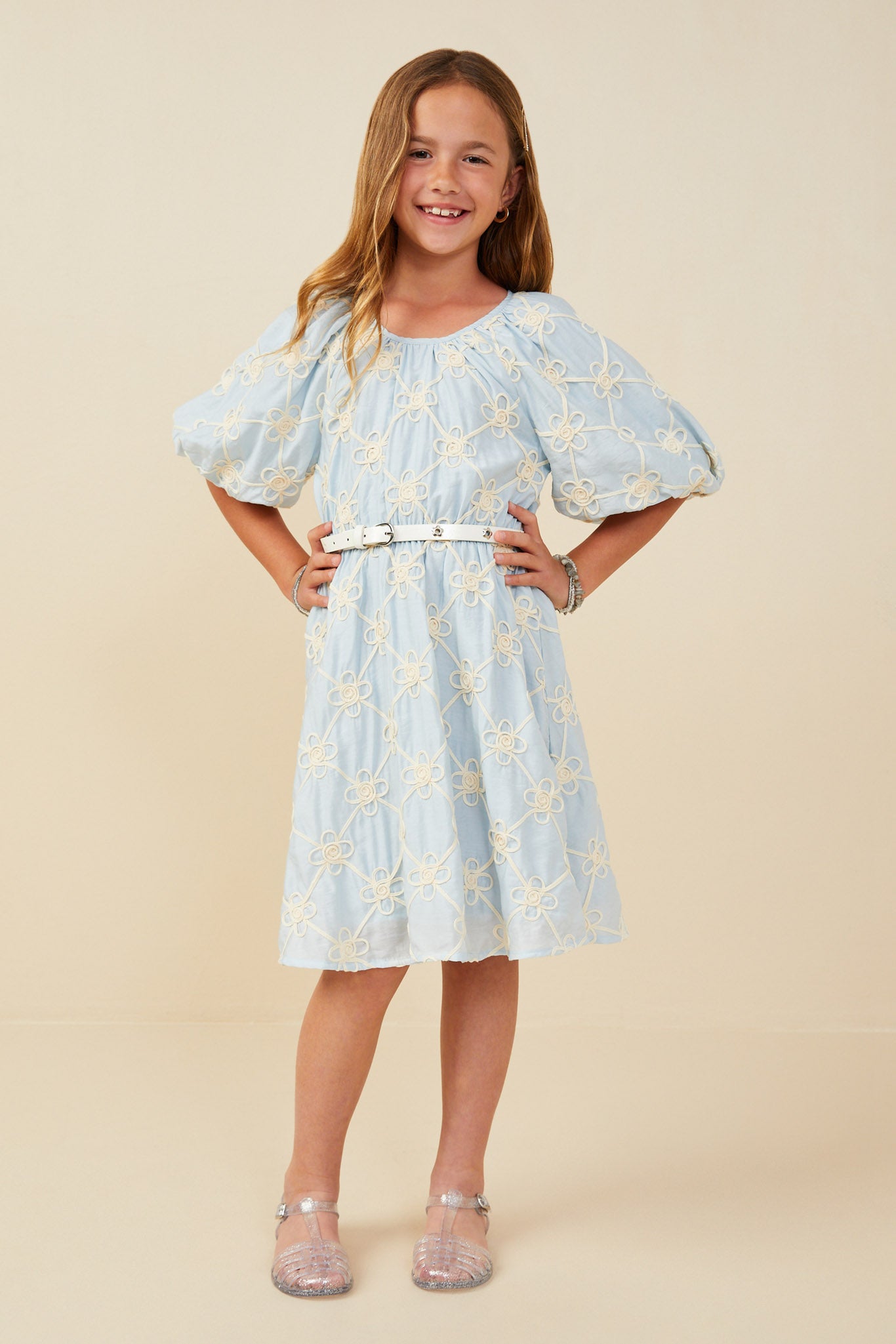 GY9199 Blue Girls Floral Embroidered Puff Sleeve V Neck Dress Full Body