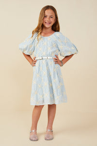 GY9199 Blue Girls Floral Embroidered Puff Sleeve V Neck Dress Full Body