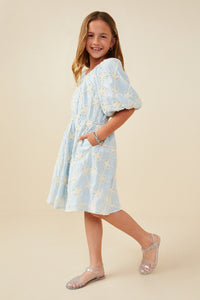 GY9199 Blue Girls Floral Embroidered Puff Sleeve V Neck Dress Side