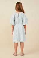 GY9199 Blue Girls Floral Embroidered Puff Sleeve V Neck Dress Back