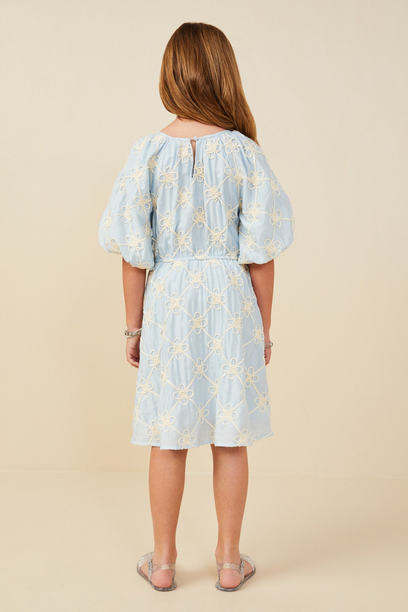 GY9199 Blue Girls Floral Embroidered Puff Sleeve V Neck Dress Back