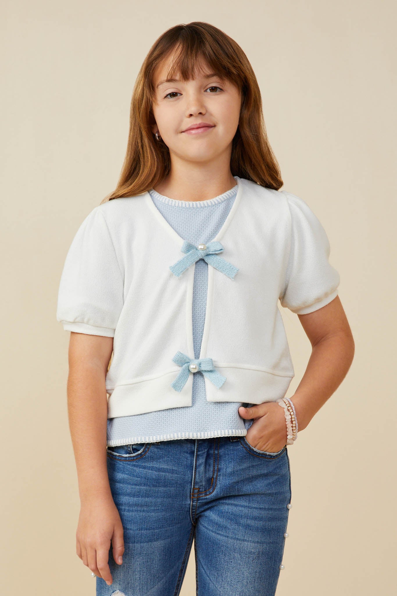 Ribbon Detailed Short Sleeve Knit Open Top