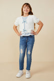 GY9201 Off White Girls Ribbon Detailed Short Sleeve Knit Open Top Pose
