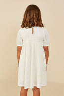 GY9215 Ivory Girls Textured Knit Puff Sleeve Dress Back