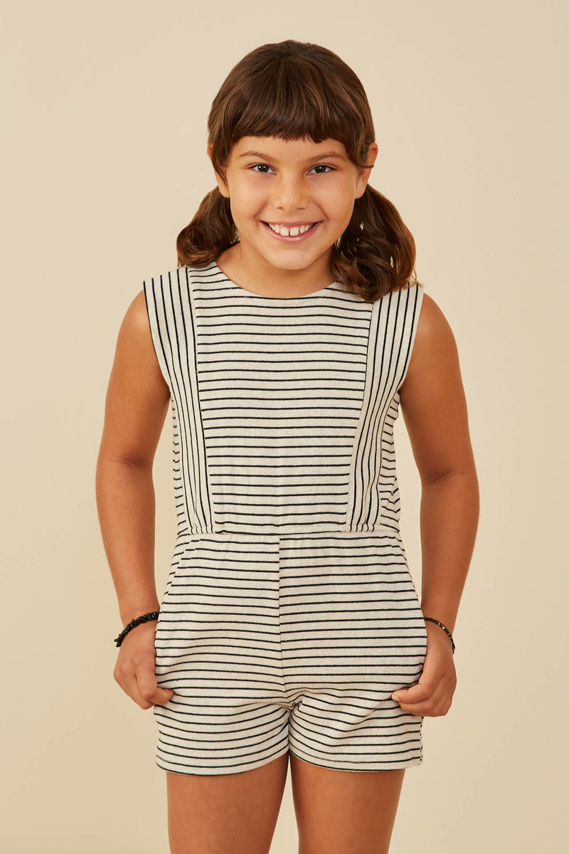 GY9218 Oatmeal Girls Brushed Striped Knit Sleeveless Romper Front