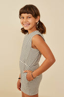 GY9218 Oatmeal Girls Brushed Striped Knit Sleeveless Romper Side