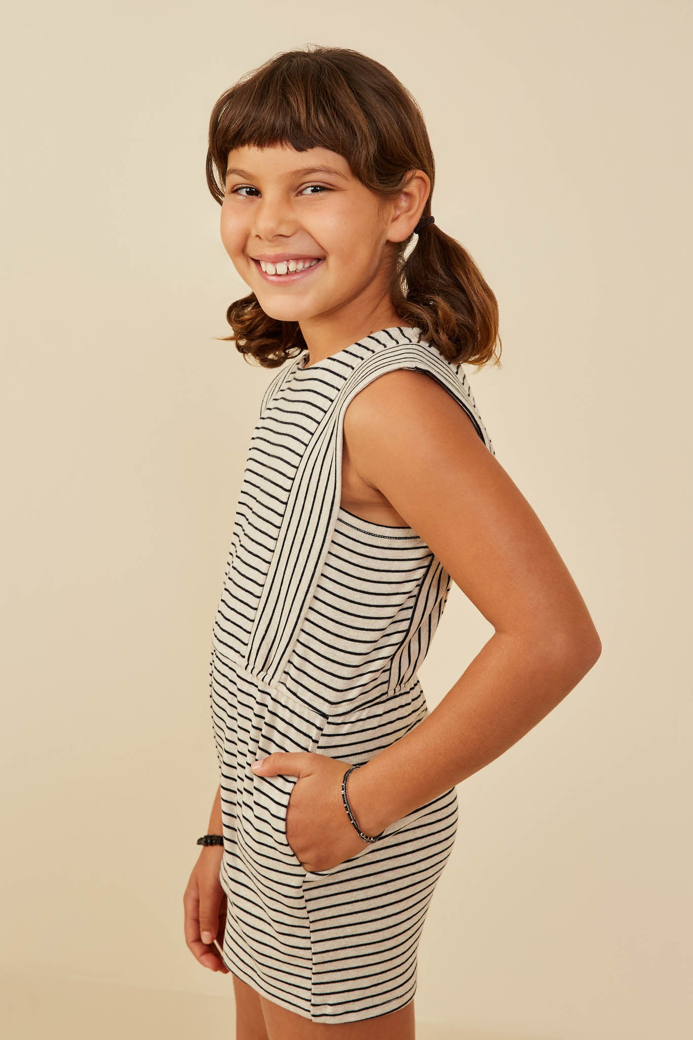 GY9218 Oatmeal Girls Brushed Striped Knit Sleeveless Romper Side