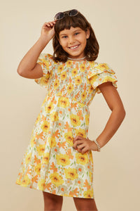 GY9220 Yellow Girls Ruffle Sleeve Smocked Floral Dress Front