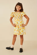 GY9220 Yellow Girls Ruffle Sleeve Smocked Floral Dress Pose