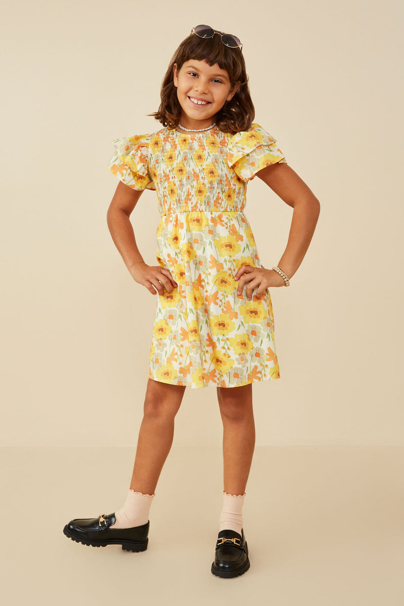 GY9220 Yellow Girls Ruffle Sleeve Smocked Floral Dress Pose