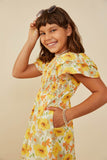 GY9220 Yellow Girls Ruffle Sleeve Smocked Floral Dress Side