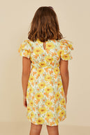 GY9220 Yellow Girls Ruffle Sleeve Smocked Floral Dress Back