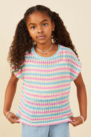 GY9221 Pink Girls Open Knit Multi Stripe Boxy Dolman Top Front