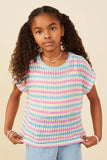 GY9221 Pink Girls Open Knit Multi Stripe Boxy Dolman Top Front