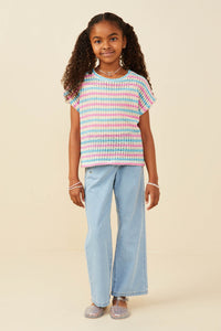 GY9221 Pink Girls Open Knit Multi Stripe Boxy Dolman Top Pose