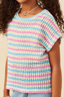 GY9221 Pink Girls Open Knit Multi Stripe Boxy Dolman Top Detail