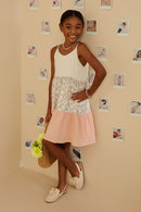 GY9229 Cream Girls Color Block Floral Detail Textured Dress Pose