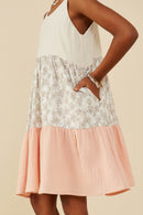 GY9229 Cream Girls Color Block Floral Detail Textured Dress Detail