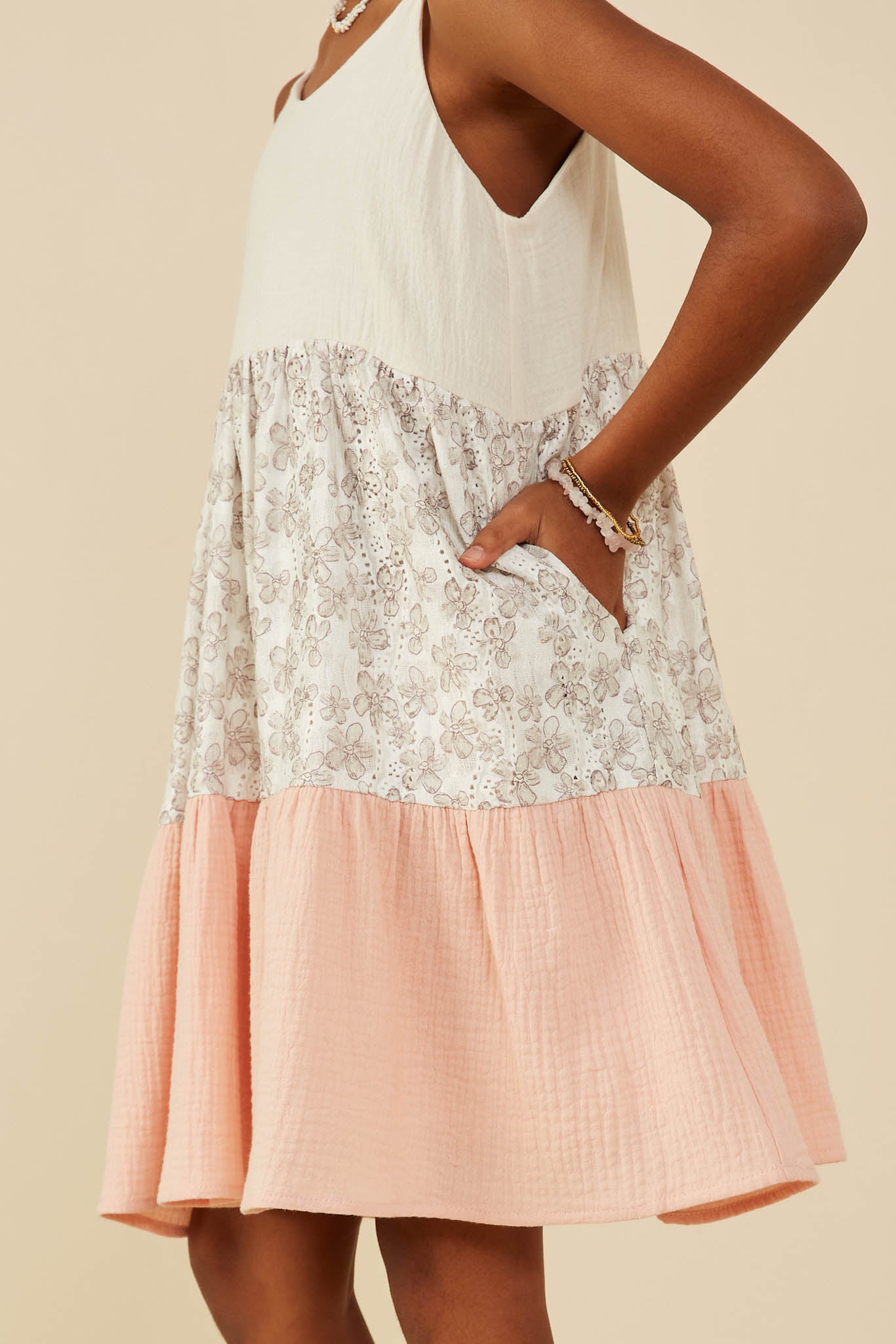 GY9229 Cream Girls Color Block Floral Detail Textured Dress Detail