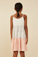 GY9229 Cream Girls Color Block Floral Detail Textured Dress Back