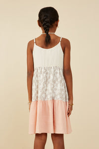 GY9229 Cream Girls Color Block Floral Detail Textured Dress Back