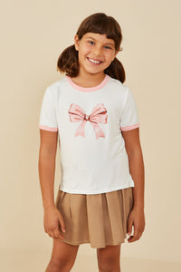 GY9232 Off White Girls Ribbon Printed Ringer T Shirt Front