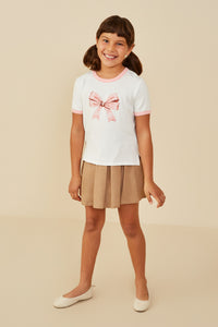 GY9232 Off White Girls Ribbon Printed Ringer T Shirt Pose