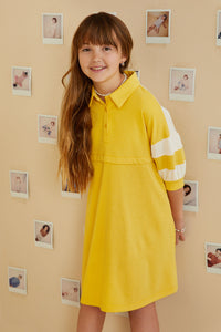 GY9233 Yellow Girls Colorblock Sleeve Collared French Terry Dress Front
