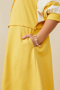 GY9233 Yellow Girls Colorblock Sleeve Collared French Terry Dress Detail