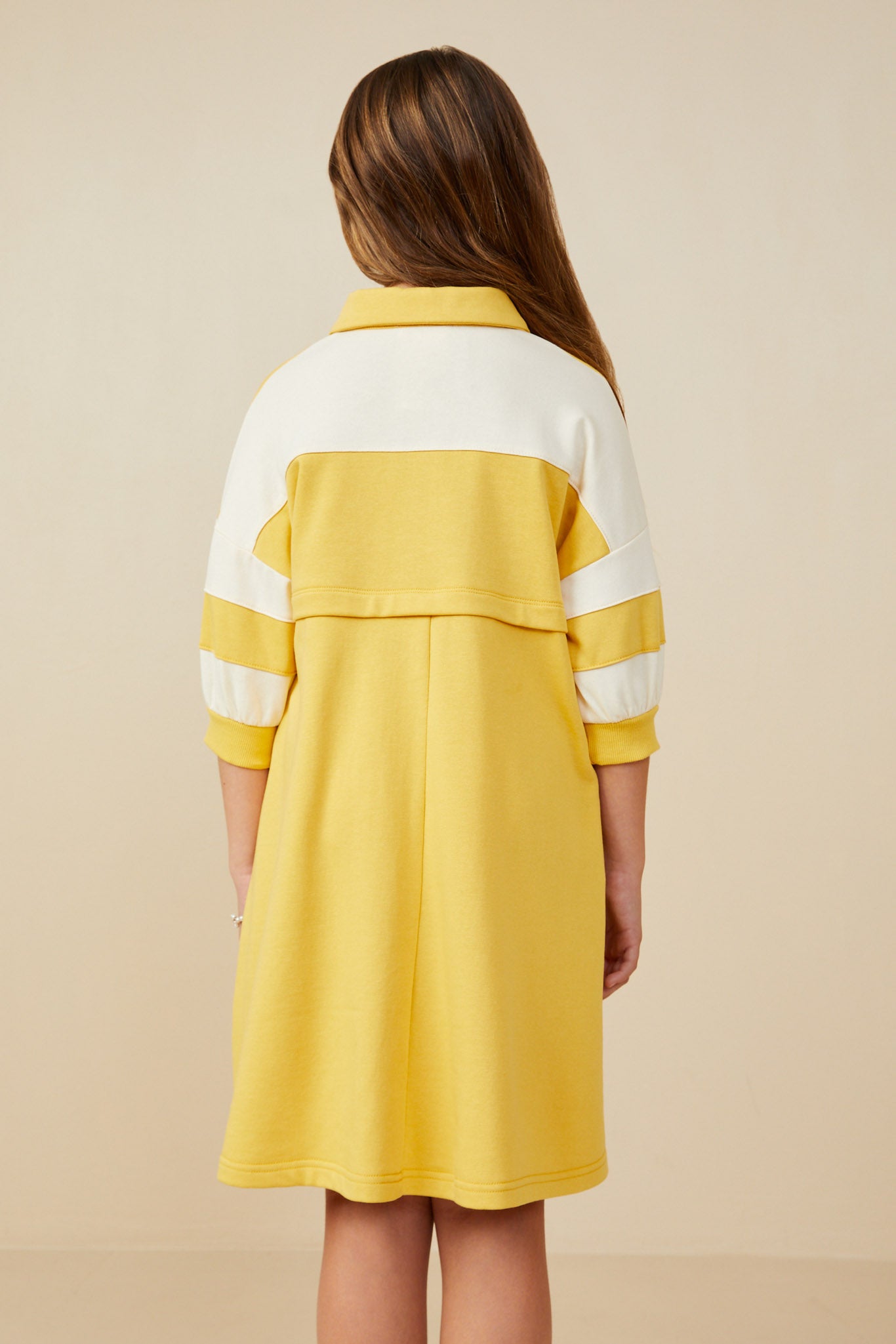 GY9233 Yellow Girls Colorblock Sleeve Collared French Terry Dress Back