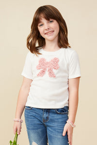 GY9235 Off White Girls Pearl Detailed Bow Patch Knit T Shirt Front