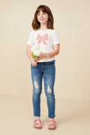 GY9235 Off White Girls Pearl Detailed Bow Patch Knit T Shirt Pose