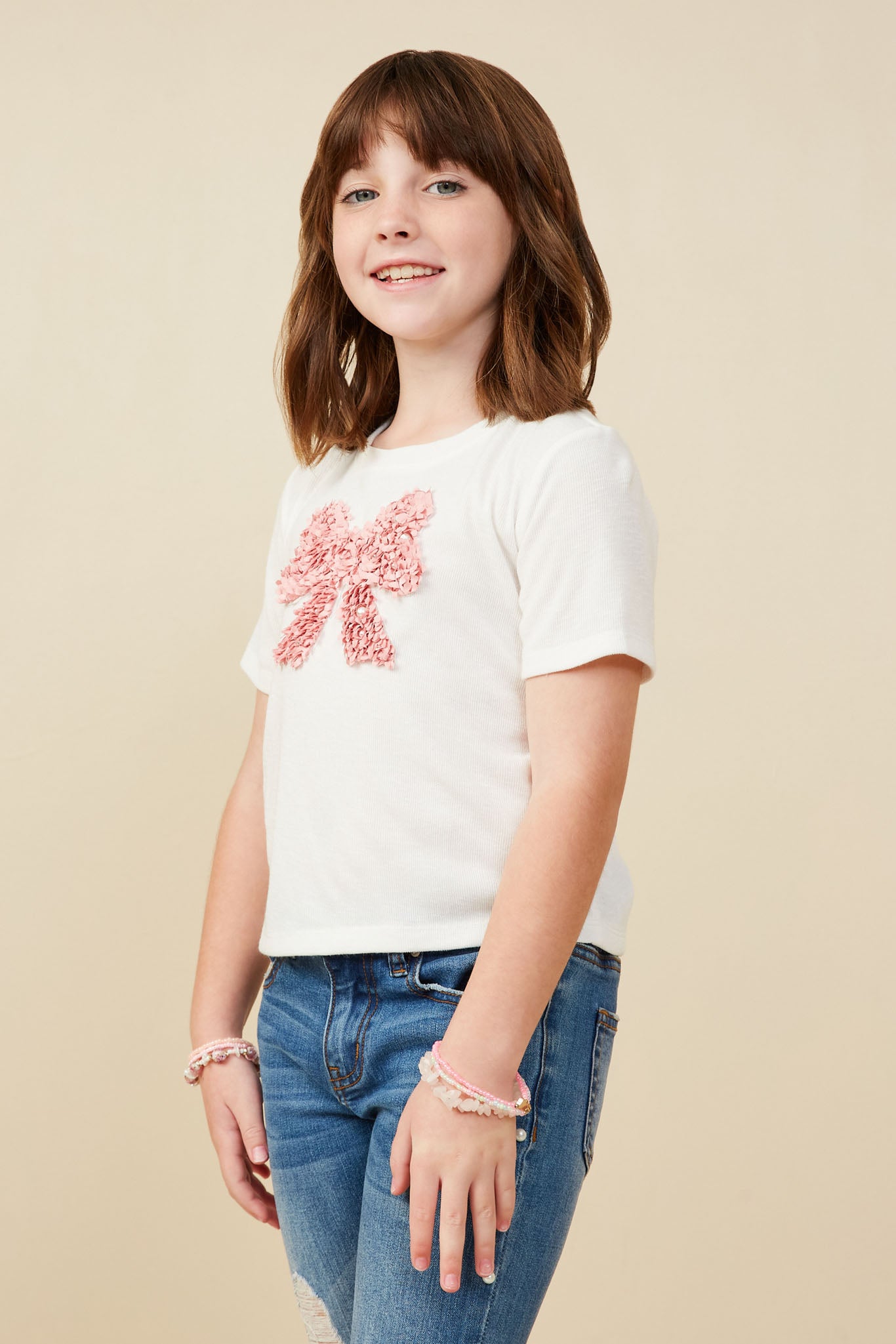 GY9235 Off White Girls Pearl Detailed Bow Patch Knit T Shirt Detail