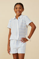 GY9253 Blue Girls Contrast Striped Button Up Gauze Shirt Front