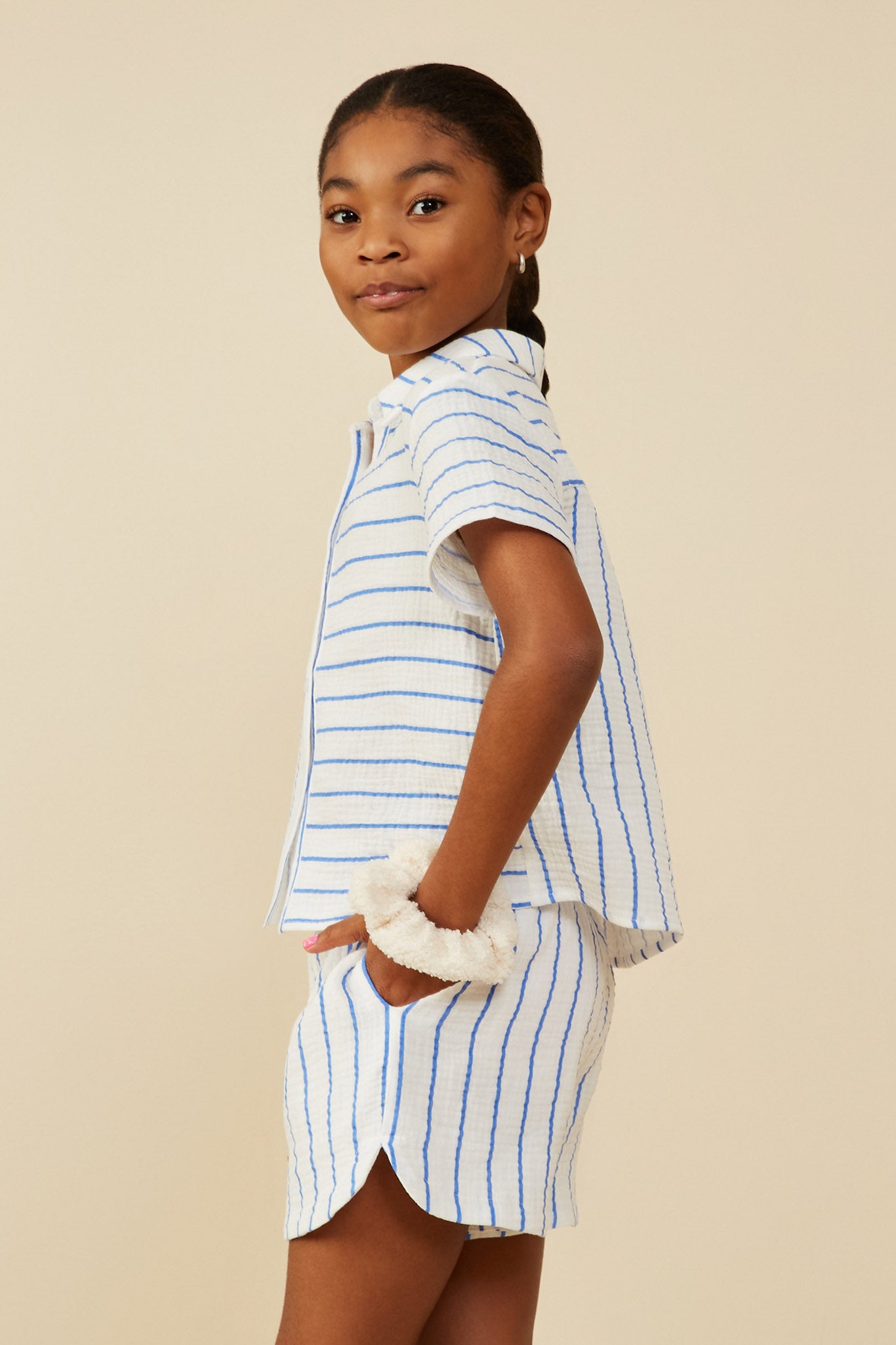 GY9253 Blue Girls Contrast Striped Button Up Gauze Shirt Side