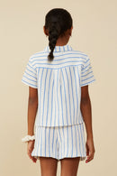 GY9253 Blue Girls Contrast Striped Button Up Gauze Shirt Back