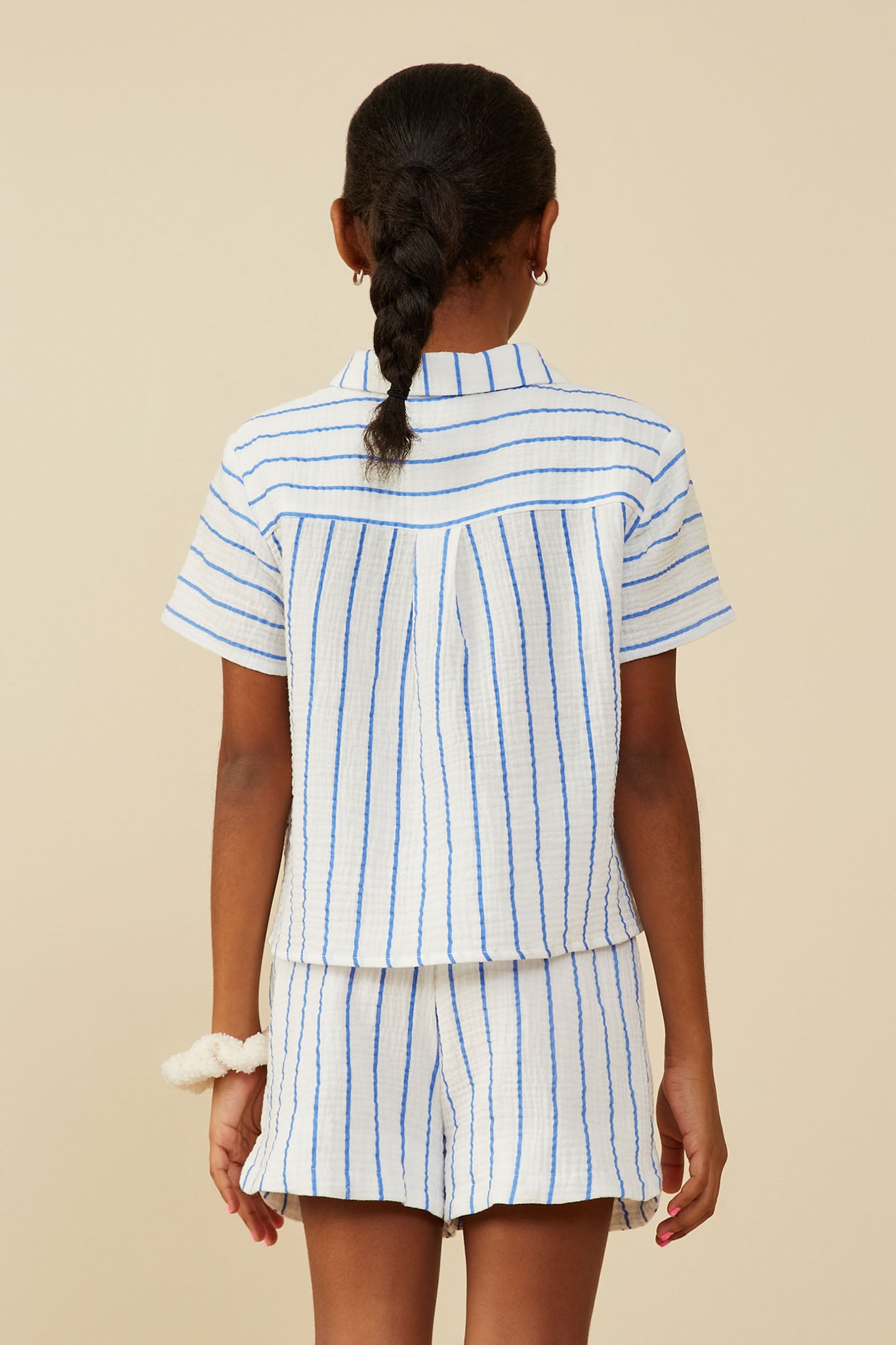 GY9253 Blue Girls Contrast Striped Button Up Gauze Shirt Back