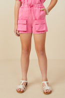 GY9254 Pink Girls Garment Washed Cargo Patch Pocket Knit Shorts Front