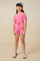 GY9254 Pink Girls Garment Washed Cargo Patch Pocket Knit Shorts Pose