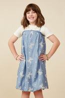 GY9256 Blue Girls Crochet Bow Embroidered Balloon Hem Dress Front