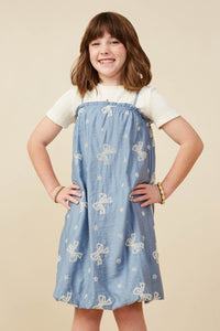 GY9256 Blue Girls Crochet Bow Embroidered Balloon Hem Dress Front