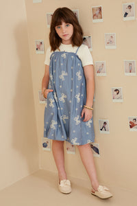 GY9256 Blue Girls Crochet Bow Embroidered Balloon Hem Dress Pose