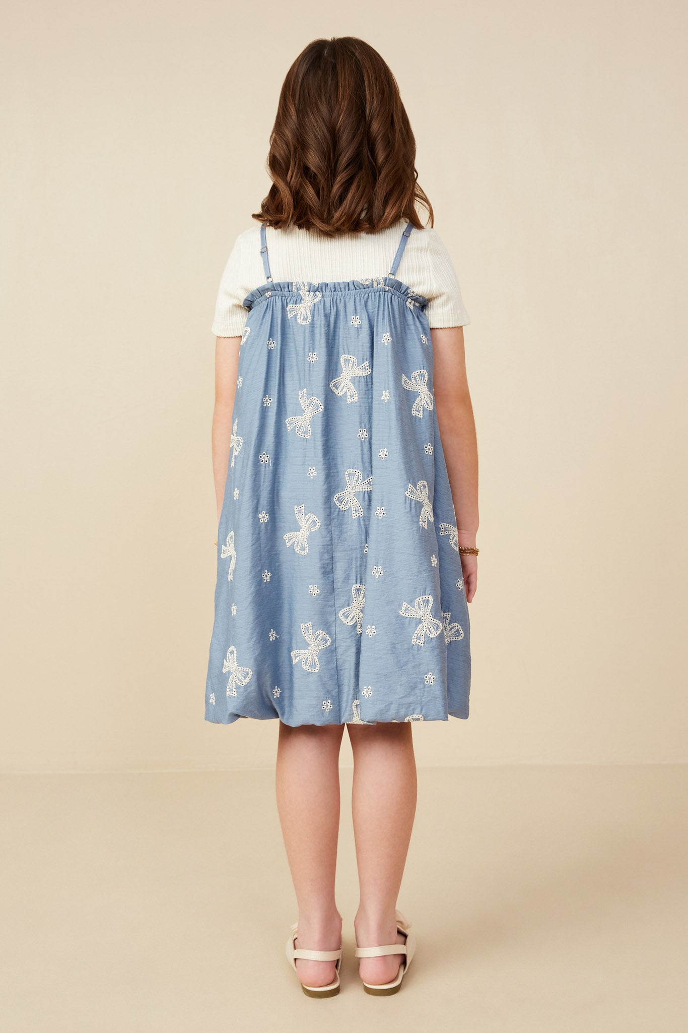 GY9256 Blue Girls Crochet Bow Embroidered Balloon Hem Dress Back