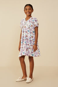 GY9259 Lavender Mix Girls Forest Print Ruffle Detail Textured Gauze Dress Pose