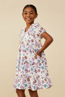 GY9259 Lavender Mix Girls Forest Print Ruffle Detail Textured Gauze Dress Side