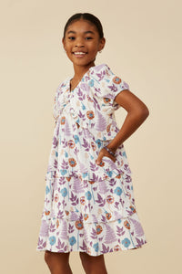 GY9259 Lavender Mix Girls Forest Print Ruffle Detail Textured Gauze Dress Side