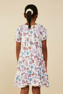 GY9259 Lavender Mix Girls Forest Print Ruffle Detail Textured Gauze Dress Back