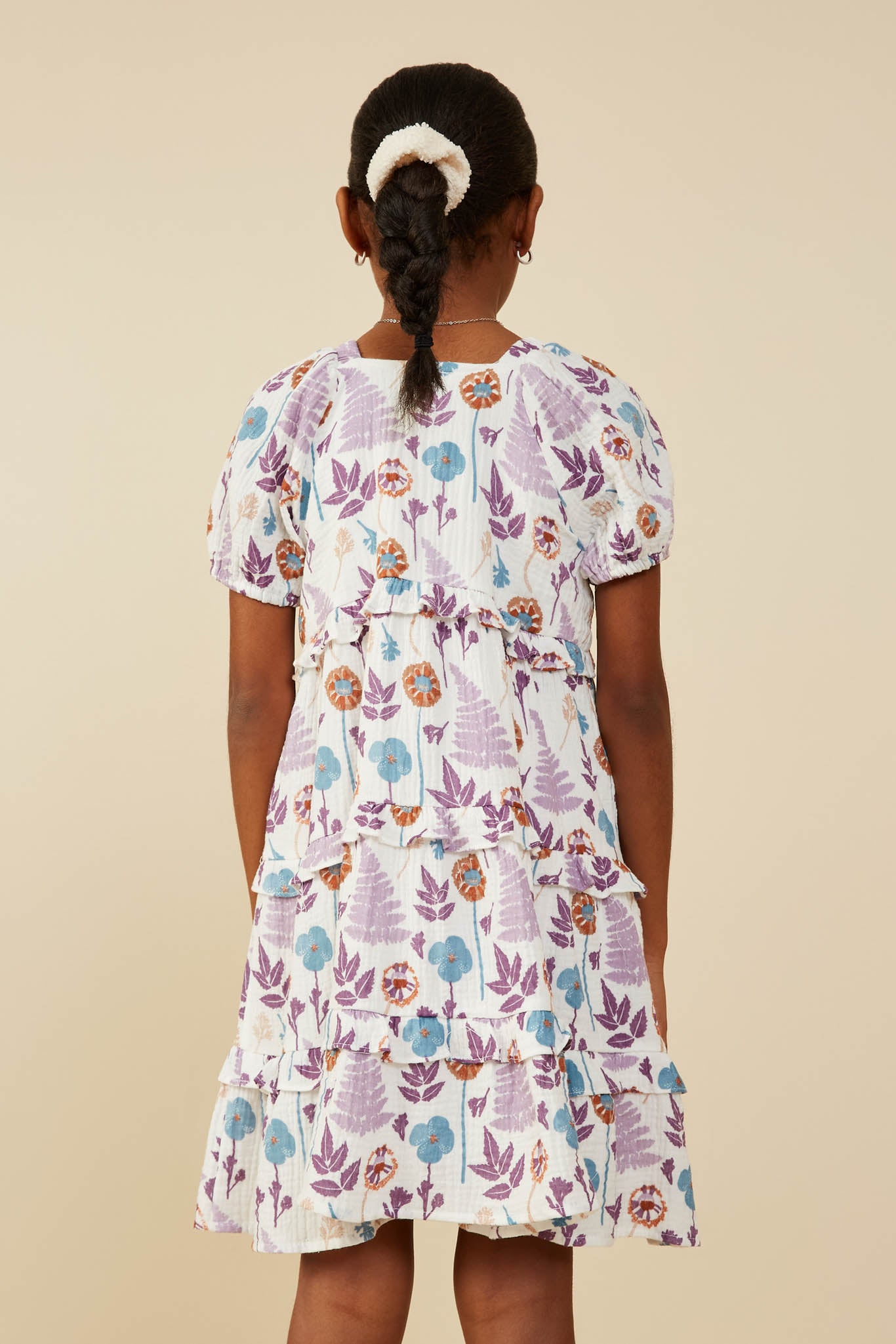 GY9259 Lavender Mix Girls Forest Print Ruffle Detail Textured Gauze Dress Back