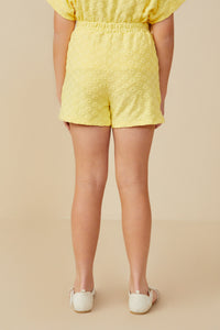 GY9260 Yellow Girls Textured Floral Knit Shorts Back