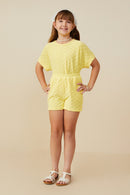 GY9260 Yellow Girls Textured Floral Knit Shorts Full Body